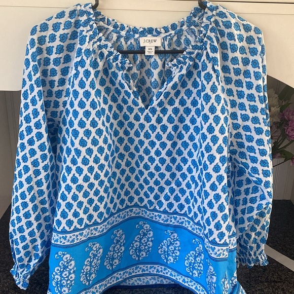 J Crew Blue and White Block Floral Paisley Print Boho Popover Cotton Top - Picture 1 of 12
